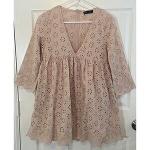 TRF Collection ZARA Eyelet Mini Dress Romper Sz XS Mauve Cotton Lined